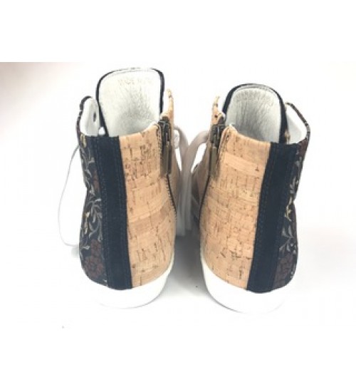 Luxury handmade sneakers black suede leather,  flowers & cork.